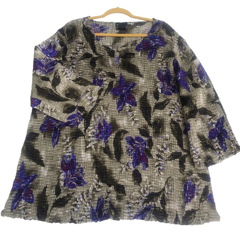 Coastal resort crinkle floral tropical blouse 2X